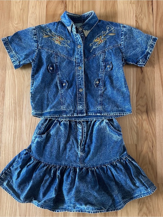 Pop kids Other - Vtg 80s 90s Pop Kids Denim 2 Pc Set Acid Wash Ruffle Skirt Butterfly Western 12